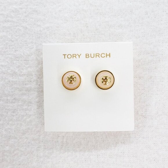 Tory Burch Melodie Pearl Logo Stud Dome Earrings Pink/Tory Gold OS - Picture 1 of 12